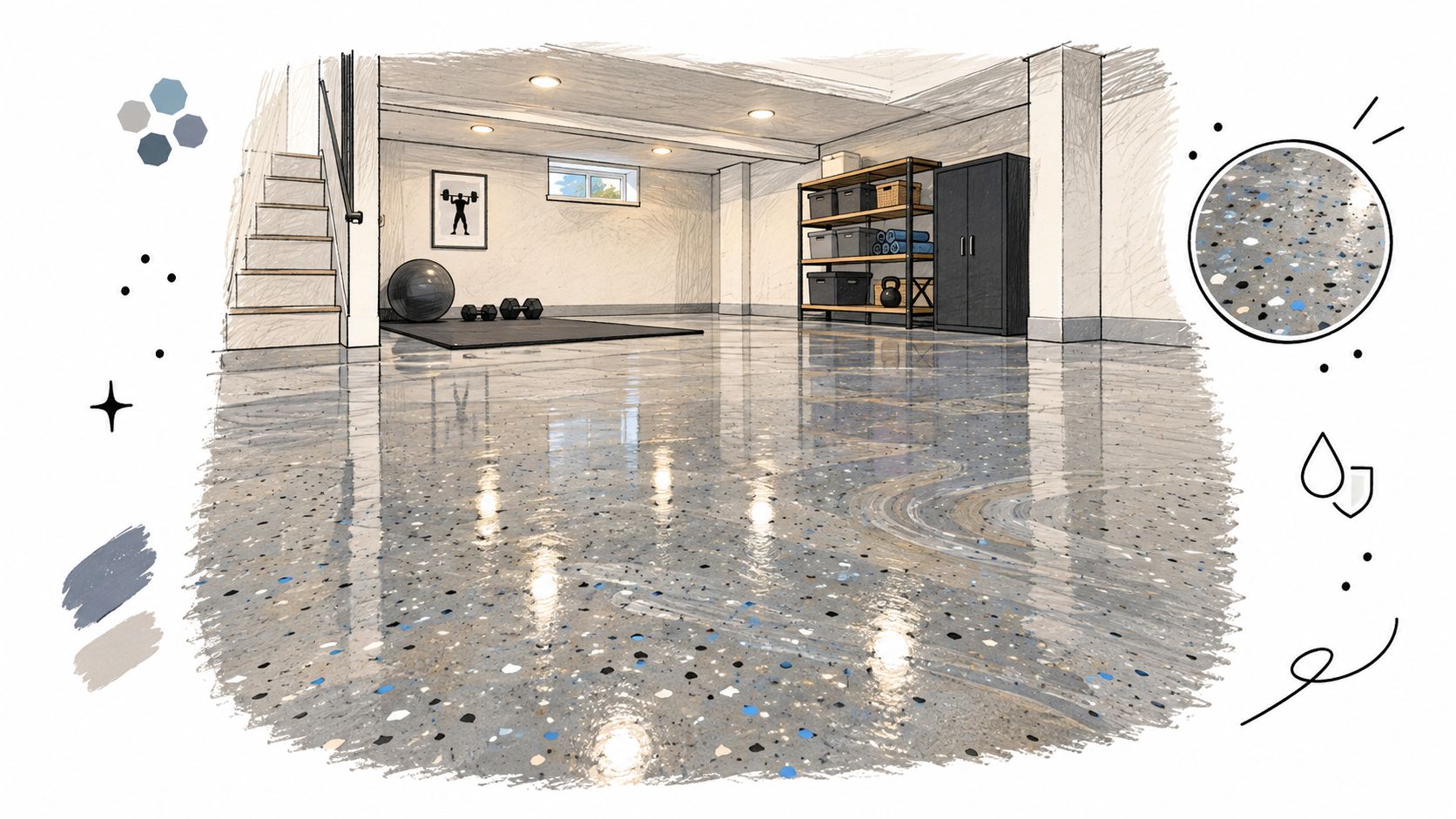A modern basement transformed into a home gym with high-gloss epoxy flooring and organized storage shelving.