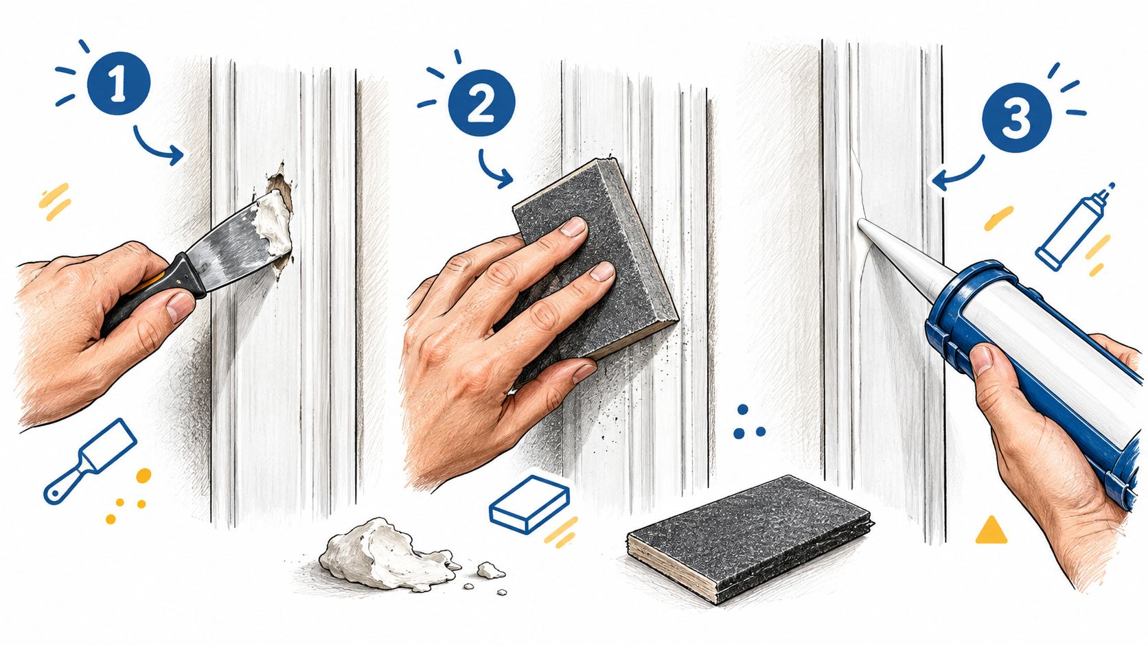 An instructional illustration showing three steps for repairing and preparing wooden door trim for painting.