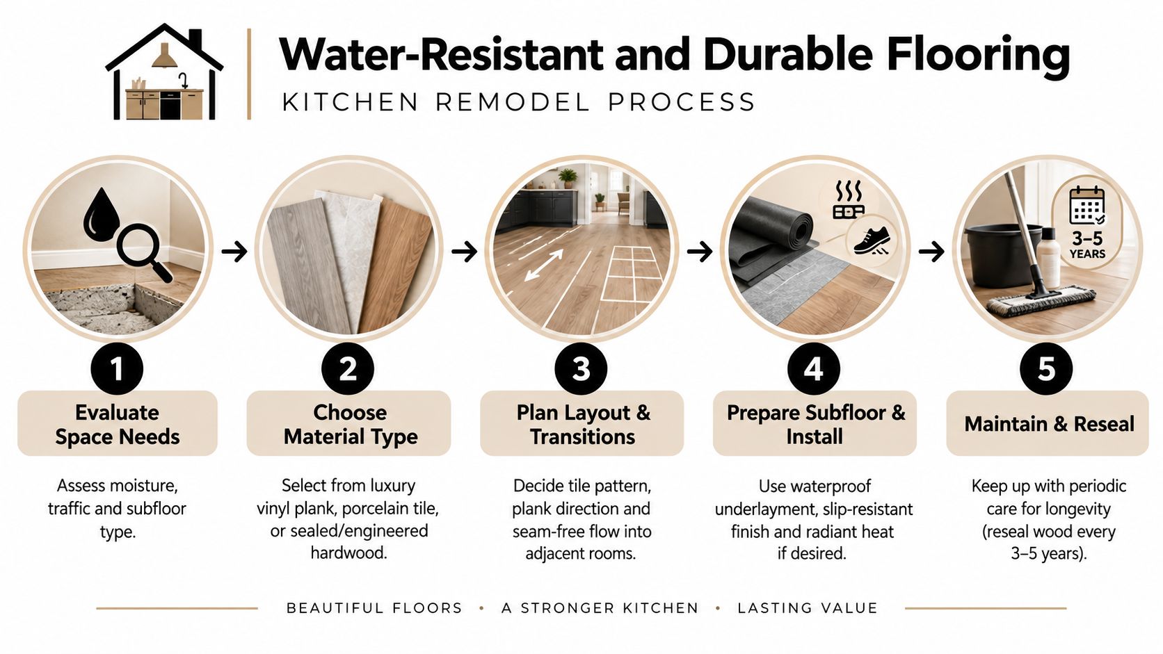 A five-step infographic guide explaining the process for selecting and installing water-resistant kitchen flooring materials.