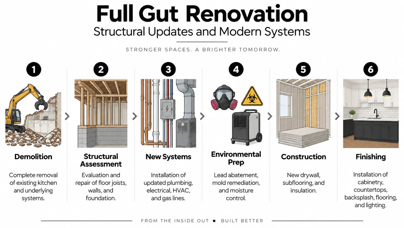 A six-step infographic detailing the full gut renovation process of a kitchen from demolition to final finishing.