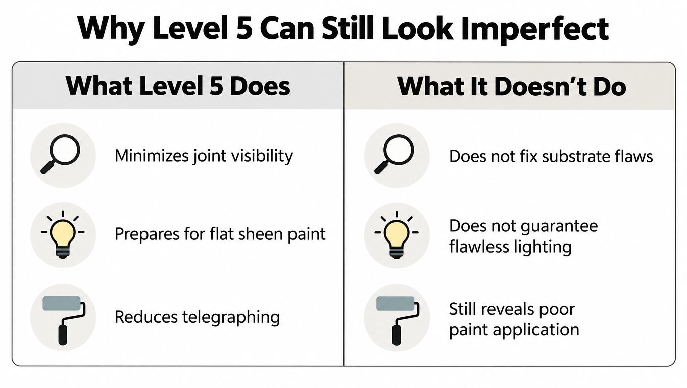 A comparison chart explaining what a Level 5 drywall finish does and its limitations regarding imperfections.