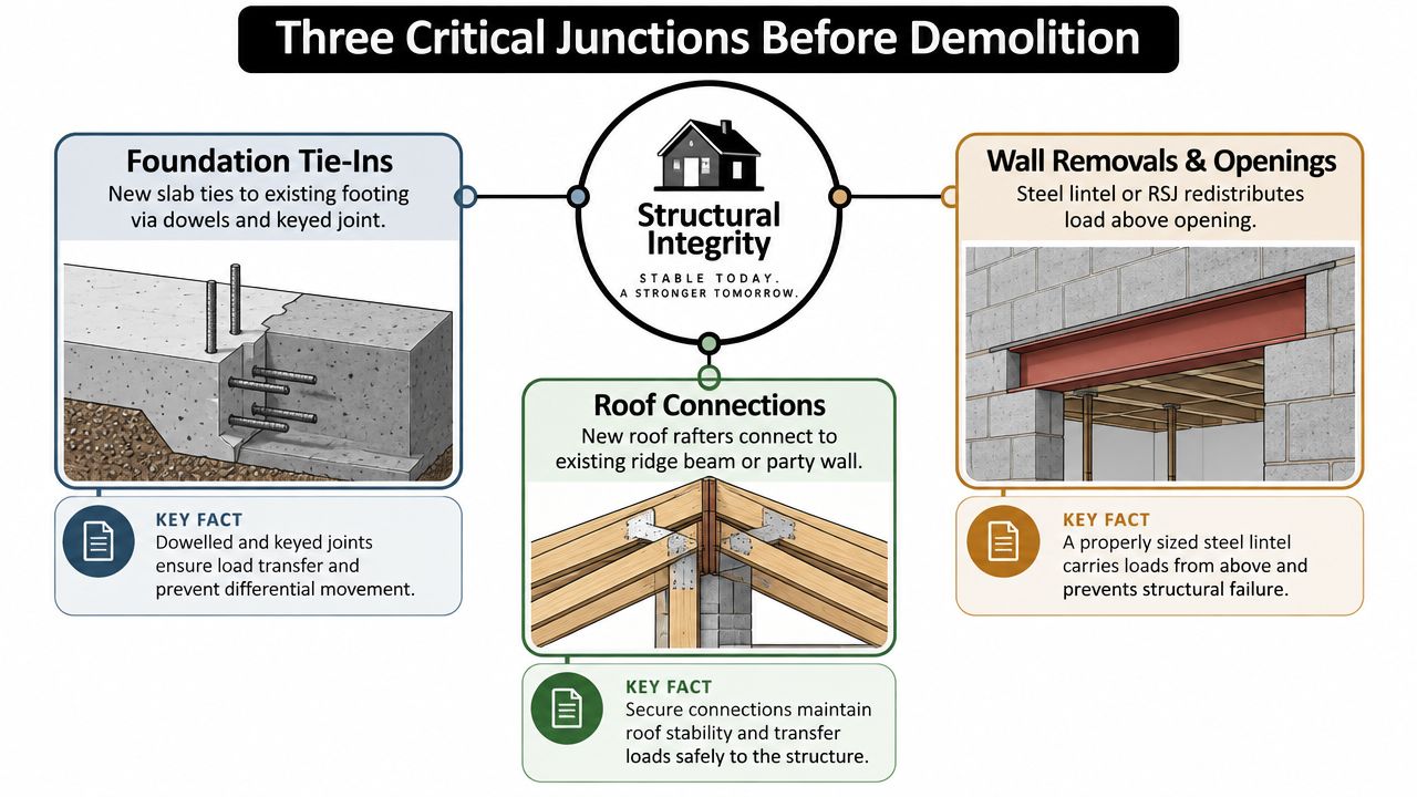 An infographic illustrating three critical structural junctions for home extension building projects, including foundations, roofs, and wall openings.