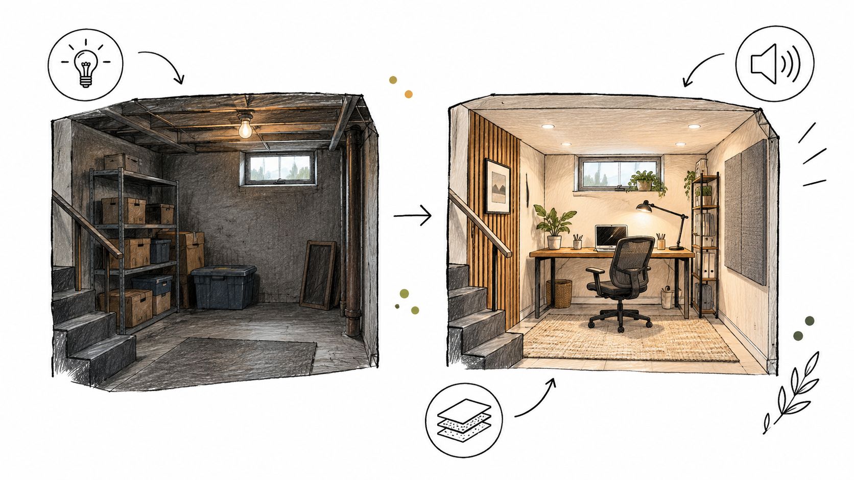 A split image showing a dark unfinished basement storage area transformed into a bright cozy home office.