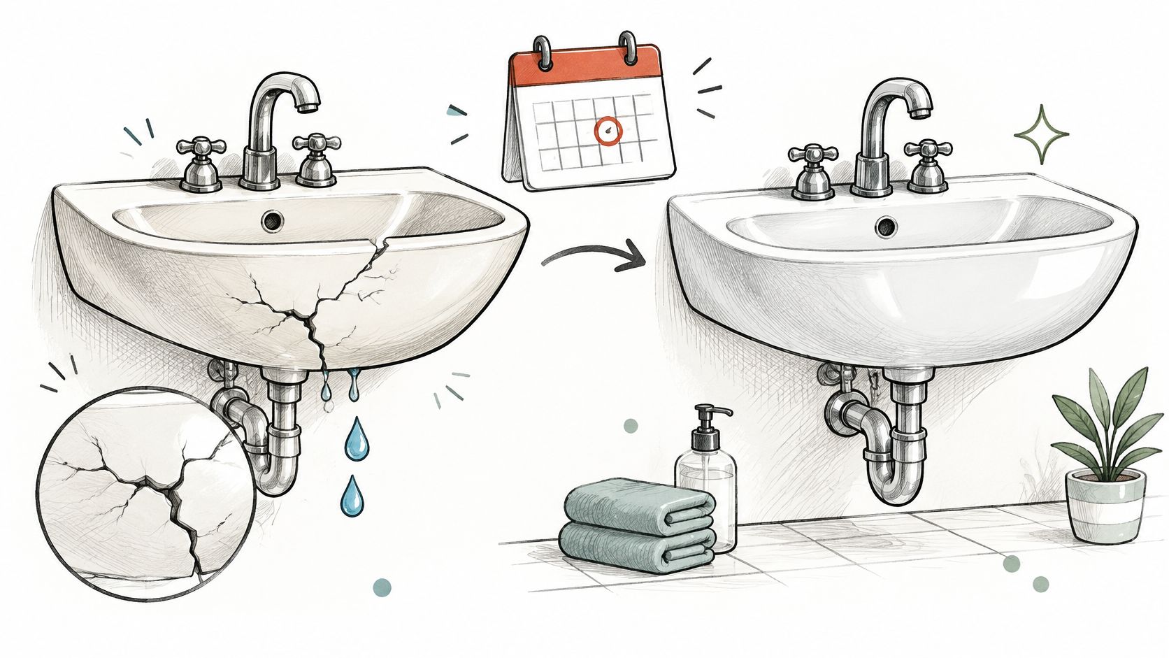 A diagram illustrating the repair process of a cracked bathroom sink from a damaged to pristine state.
