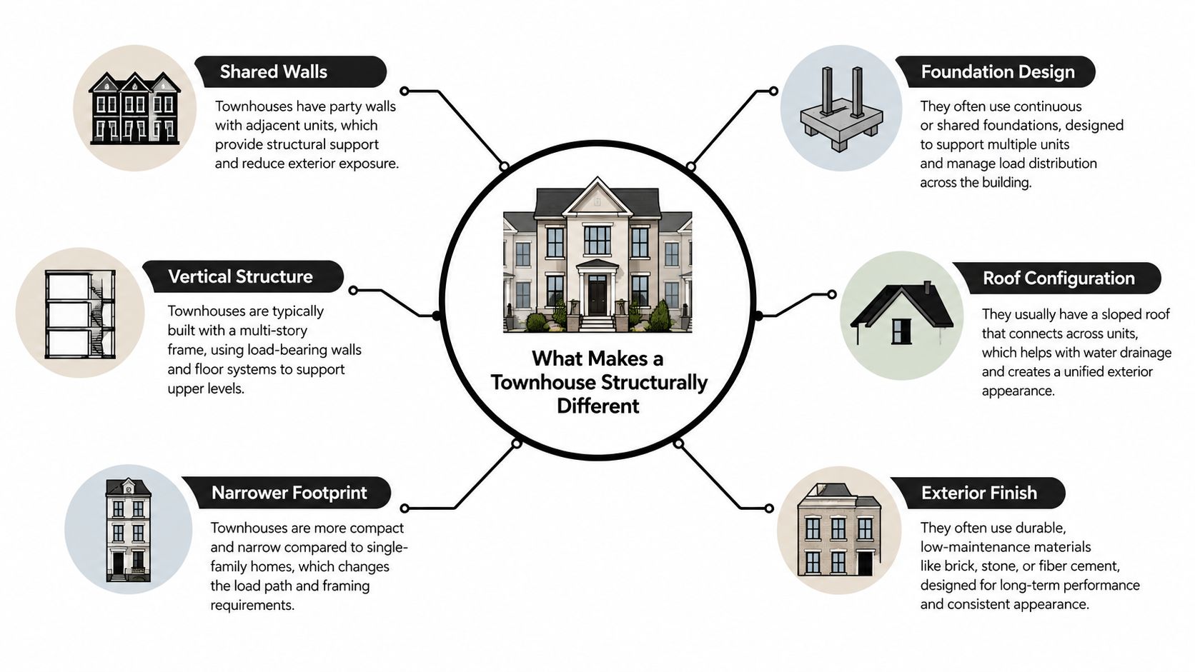 A diagram infographic explaining the unique structural characteristics and design elements of townhouses compared to standalone homes.
