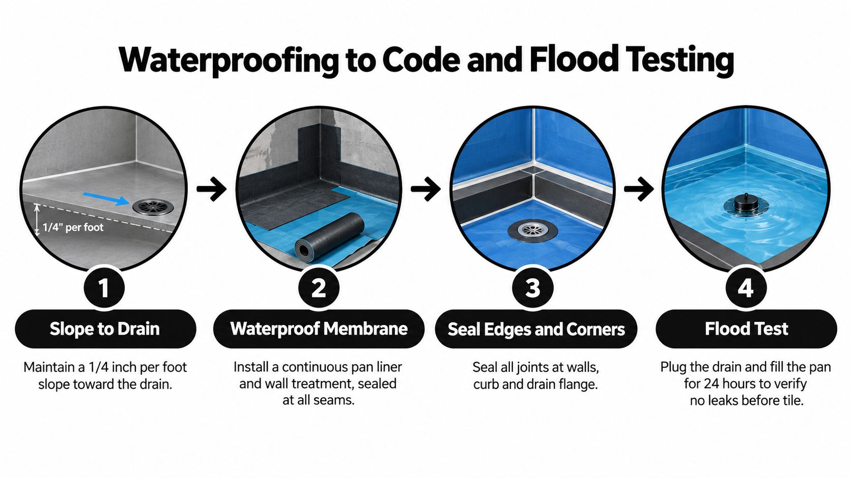 A four-step infographic illustrating the professional waterproofing process for a shower pan before tiling begins.
