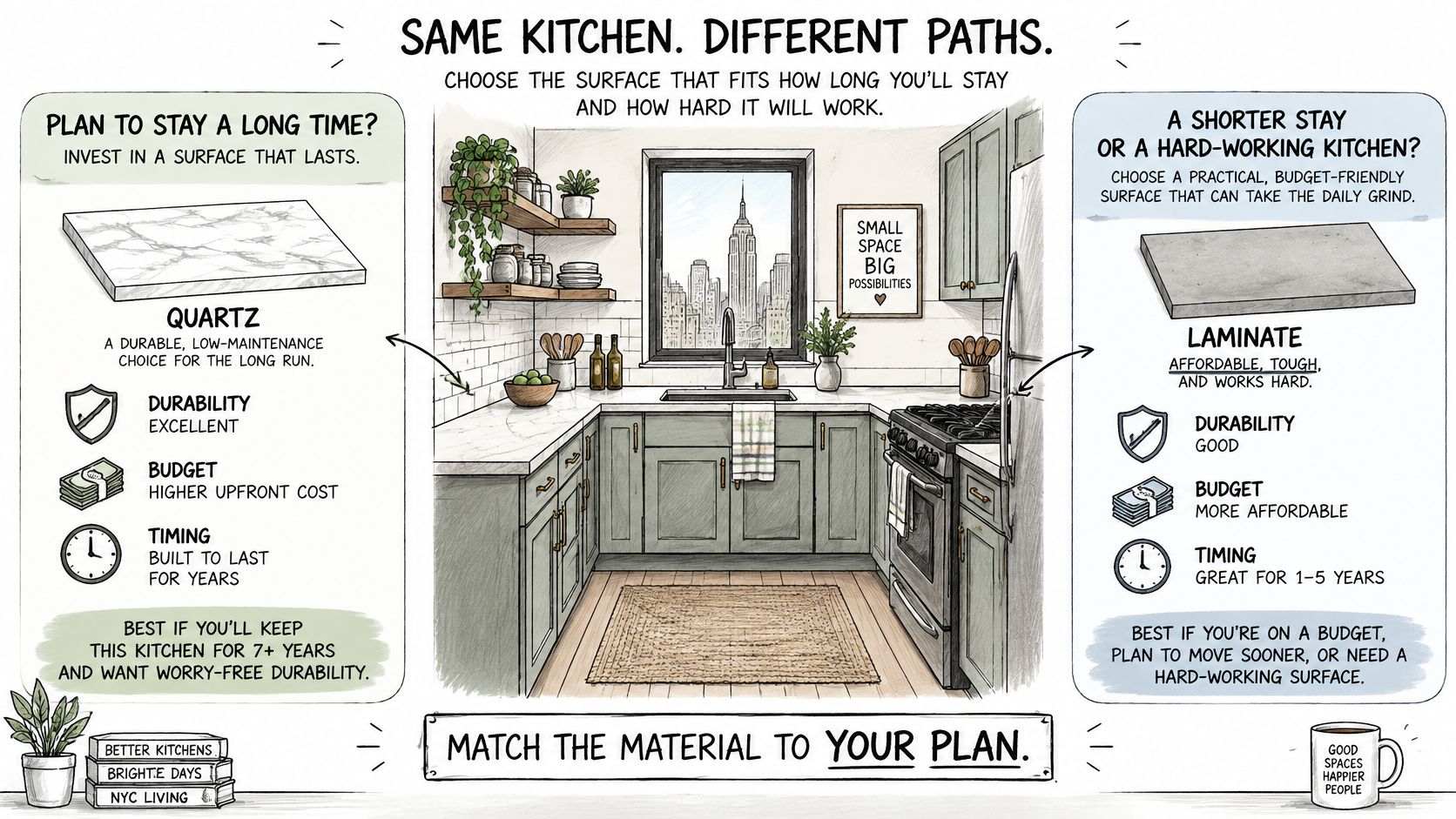 A diagram comparing quartz and laminate countertops to help homeowners choose based on budget and timing.