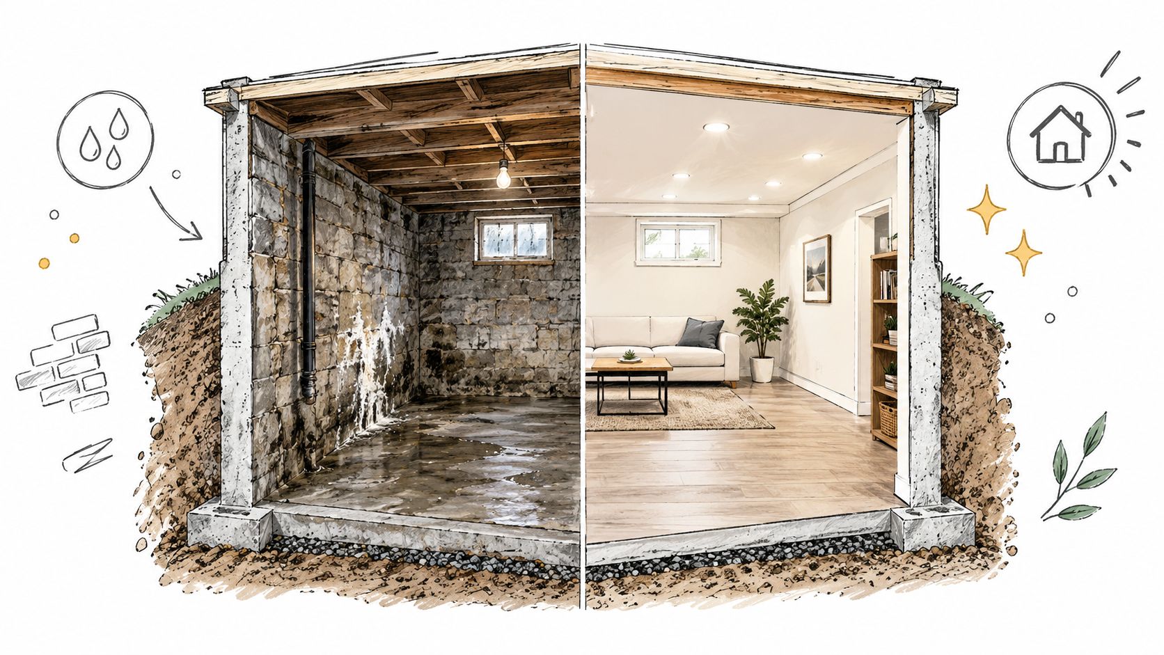 A split-view image showing a dark, flooded unfinished basement versus a bright, renovated, and furnished living space.
