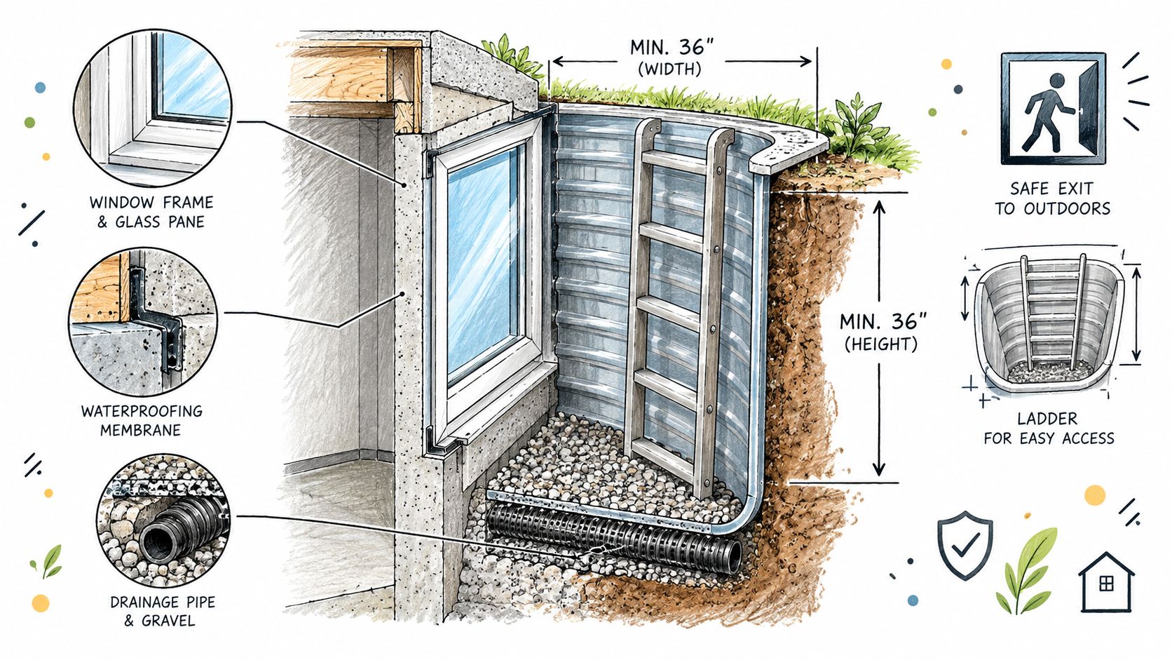 A detailed technical illustration of a basement egress window well with a safety ladder and drainage system.