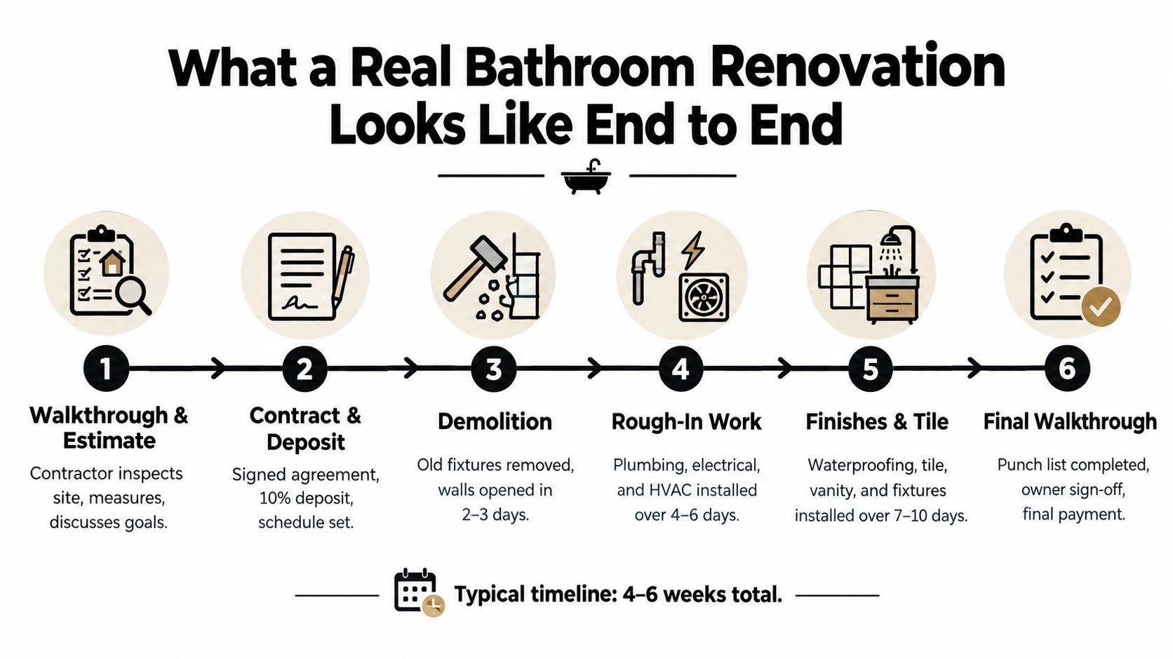 A step-by-step infographic illustrating the typical phases of a home bathroom renovation from planning to completion.
