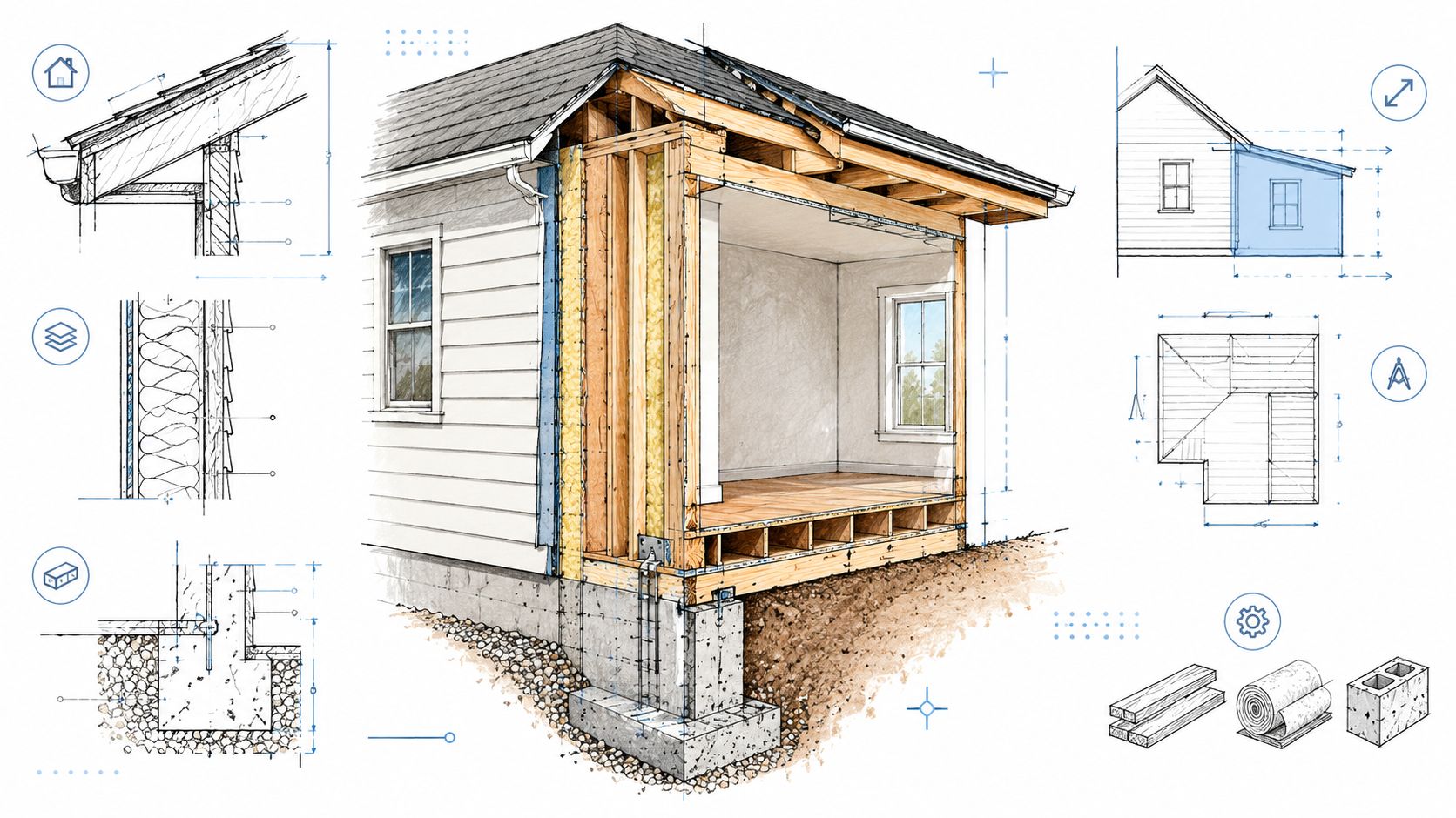 A detailed 3D technical illustration showing a cross-section of a home addition bump out construction process.