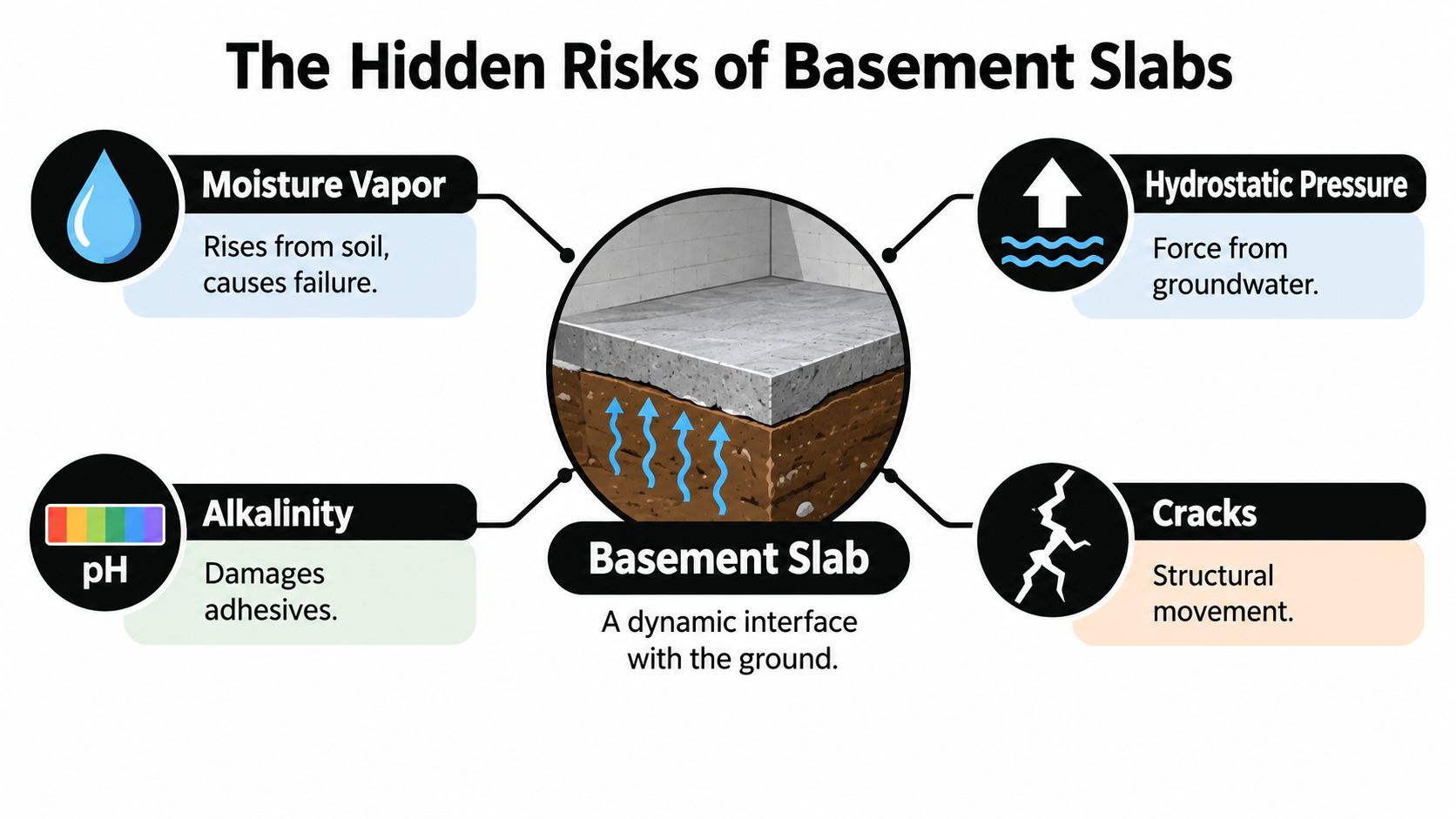An infographic showing four common hidden risks to concrete basement slabs including moisture, pressure, alkalinity, and cracks.