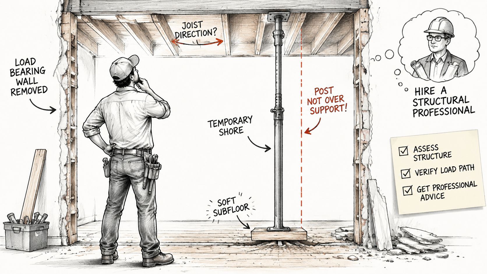 A construction worker contemplates the dangers of improper load-bearing wall removal and temporary shoring techniques.