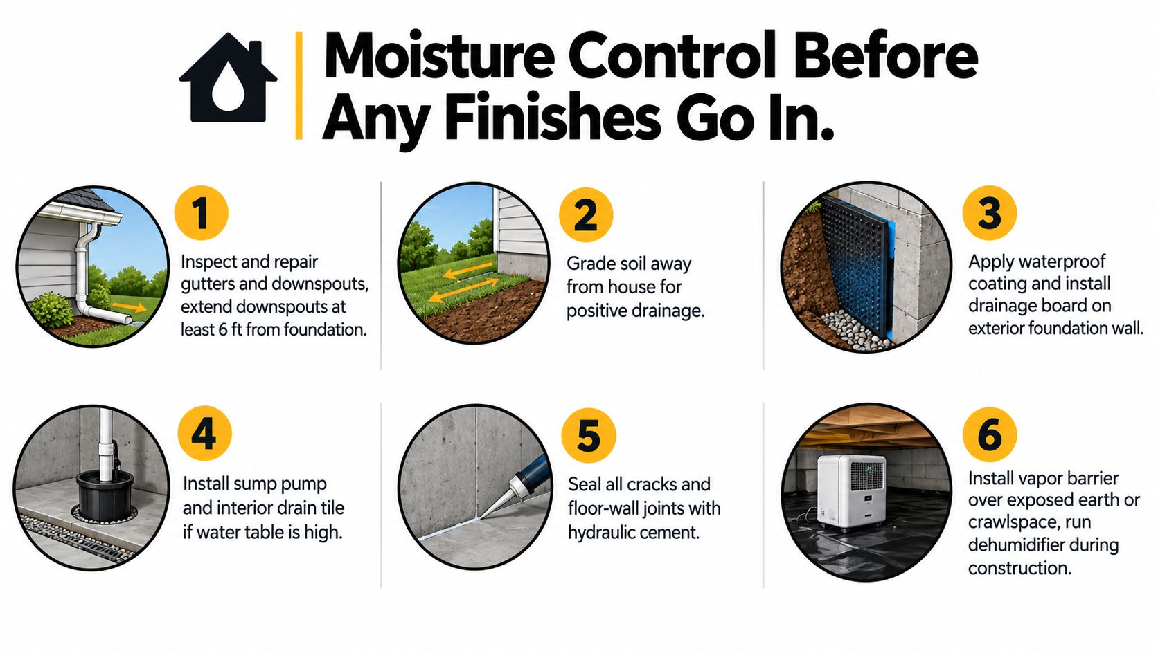 A six-step infographic illustrating effective moisture control techniques to implement before starting a basement bedroom remodel project.
