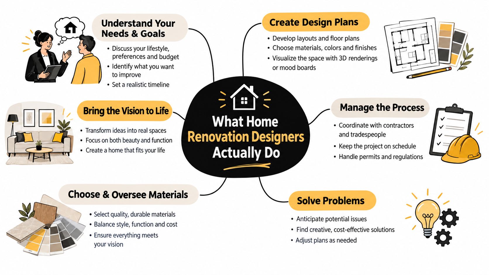 An infographic mind map explaining the key responsibilities of home renovation designers throughout a project.