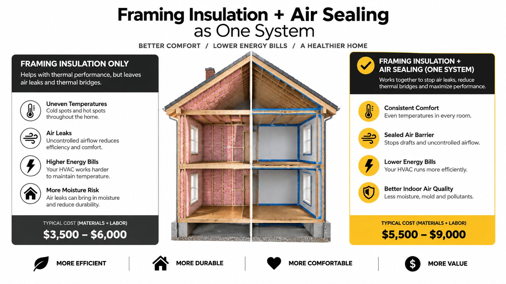 A comparison infographic showing the energy efficiency benefits of adding air sealing to home insulation during construction.