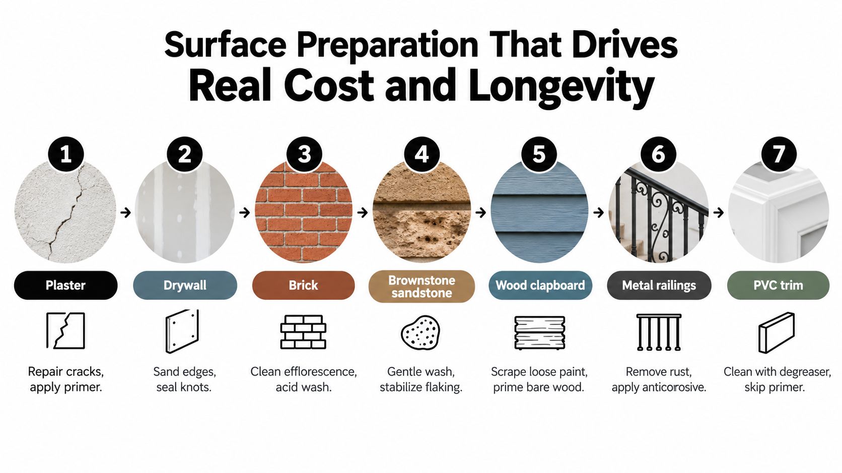 A diagram outlining surface preparation steps for various materials including plaster, drywall, brick, wood, and metal.
