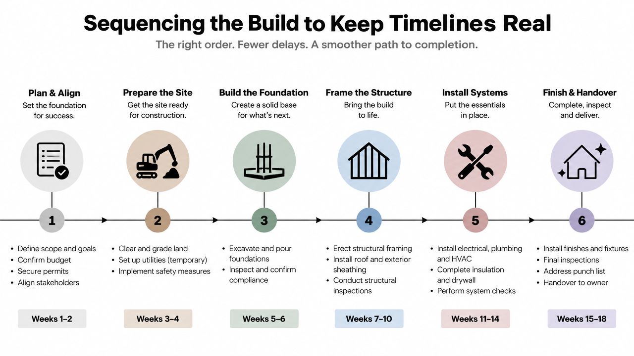 A six-step infographic illustrating the sequential construction phases for a home building project, from planning to final handover.