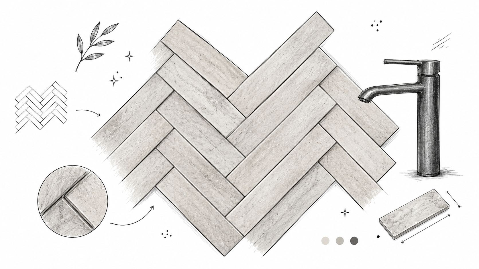 A design sketch showing herringbone patterned stone tiles, a faucet, and a single tile sample layout.