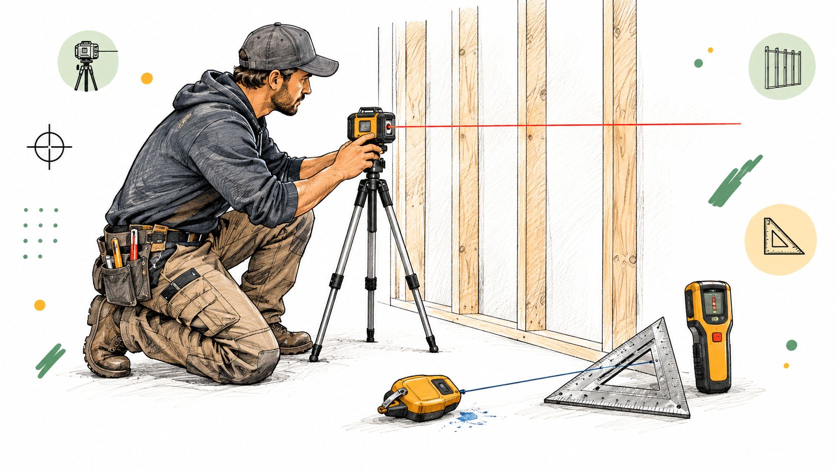 A professional construction worker uses a laser level on a tripod to measure a wooden wall frame.