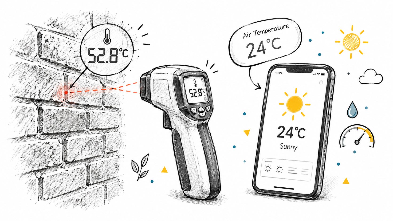 A digital thermometer measuring a hot brick wall surface next to a smartphone showing air temperature data.