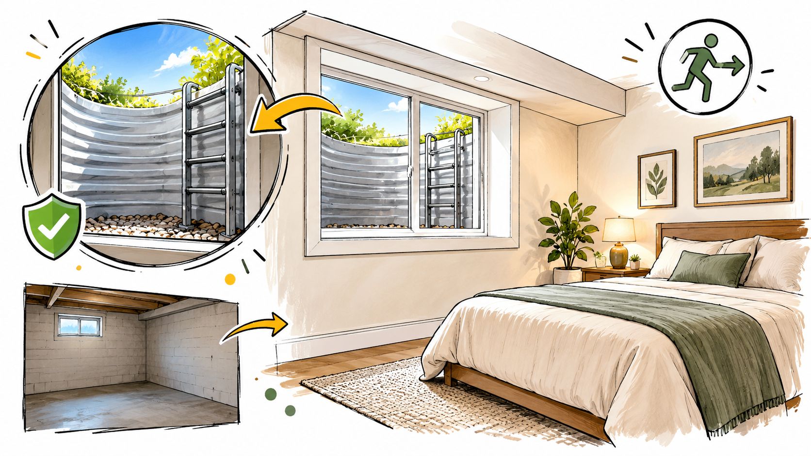 A digital illustration showing the transition from an unfinished basement window to an egress bedroom window.