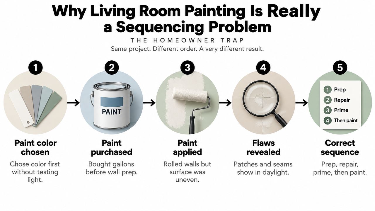 A diagram illustrating the five-step homeowner trap and the correct sequence for painting a living room.
