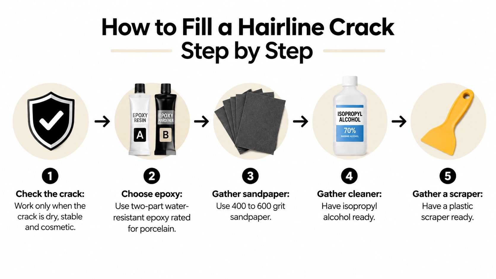 A five-step instructional guide on how to fill a hairline crack in a surface like a sink.