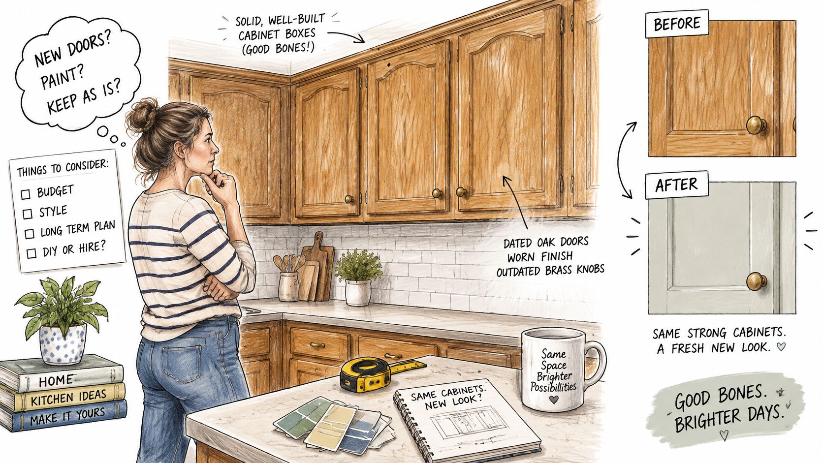 A woman contemplating kitchen cabinet renovation options including refacing, painting, or replacement for a fresh new look.