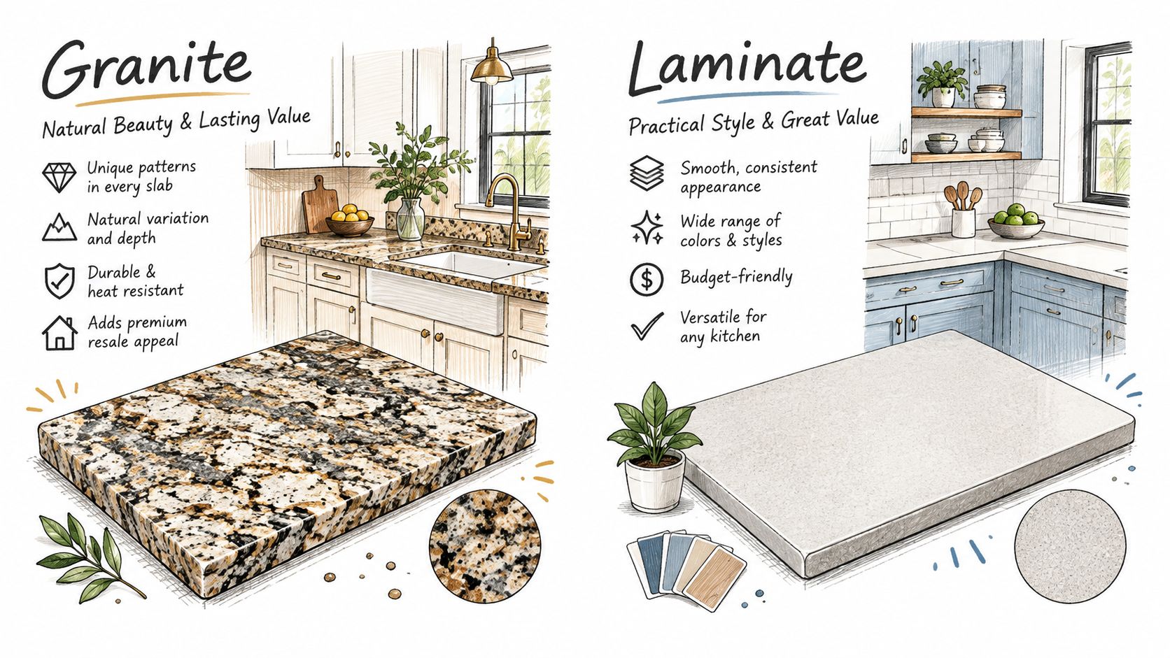 A comparative illustration showcasing the benefits and visual appearance of granite versus laminate kitchen countertops.