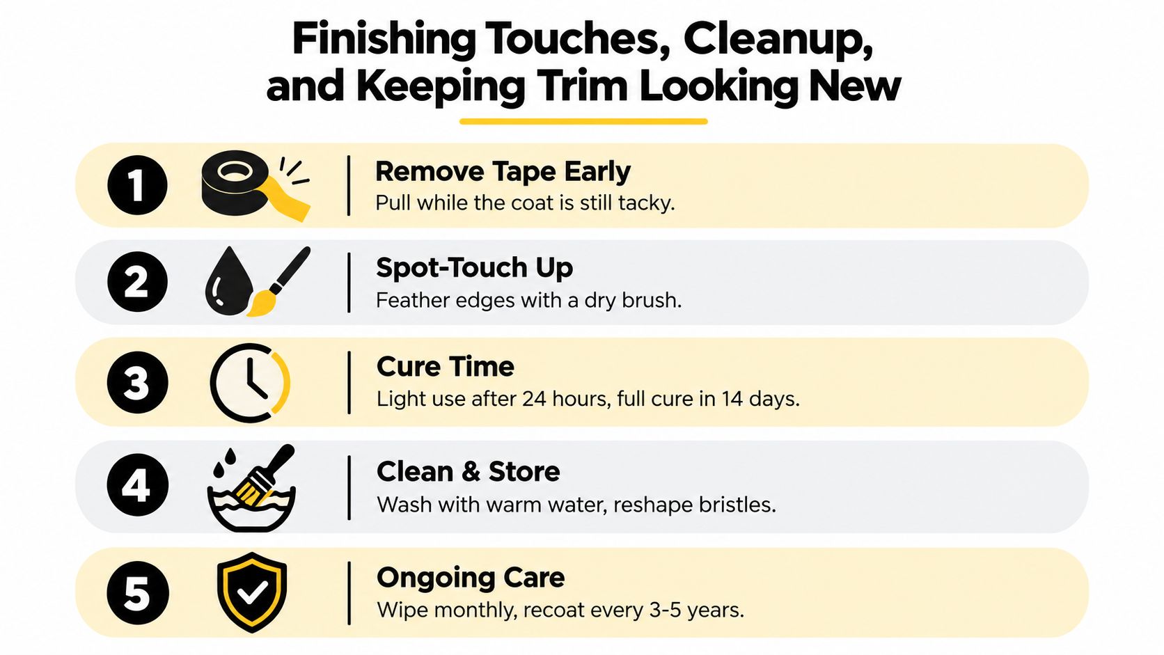 An infographic showing five essential tips for finishing, cleaning, and maintaining newly painted interior trim.