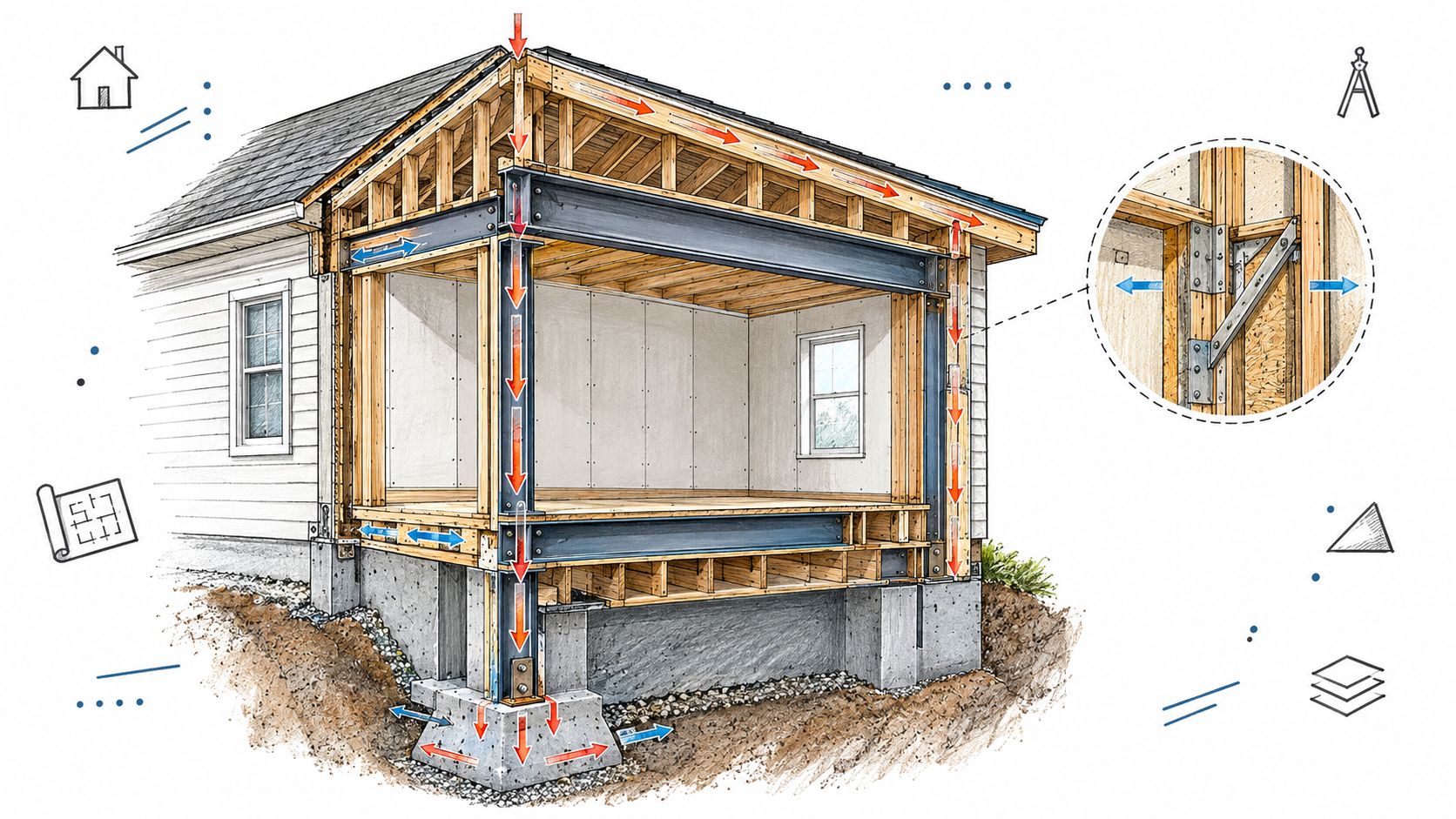 A cutaway illustration of a residential house showing steel structural framing and foundation support for an addition.