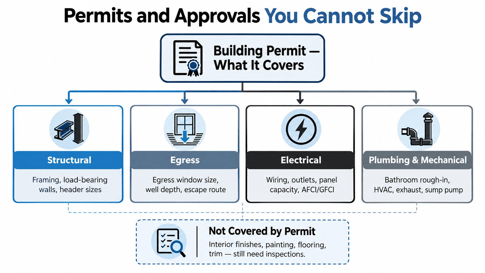 A diagram outlining the key areas of home construction covered by a building permit and those excluded.