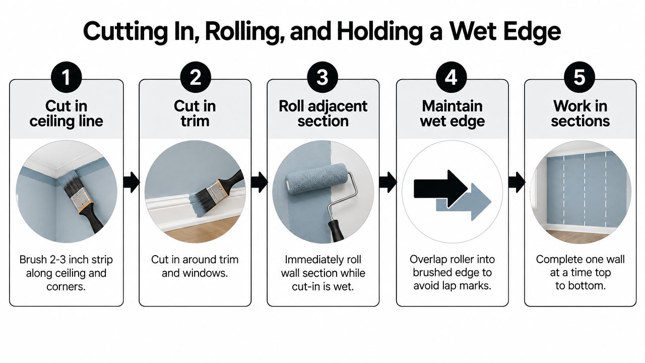 A five-step instructional graphic showing how to paint a room using cutting-in and rolling techniques.