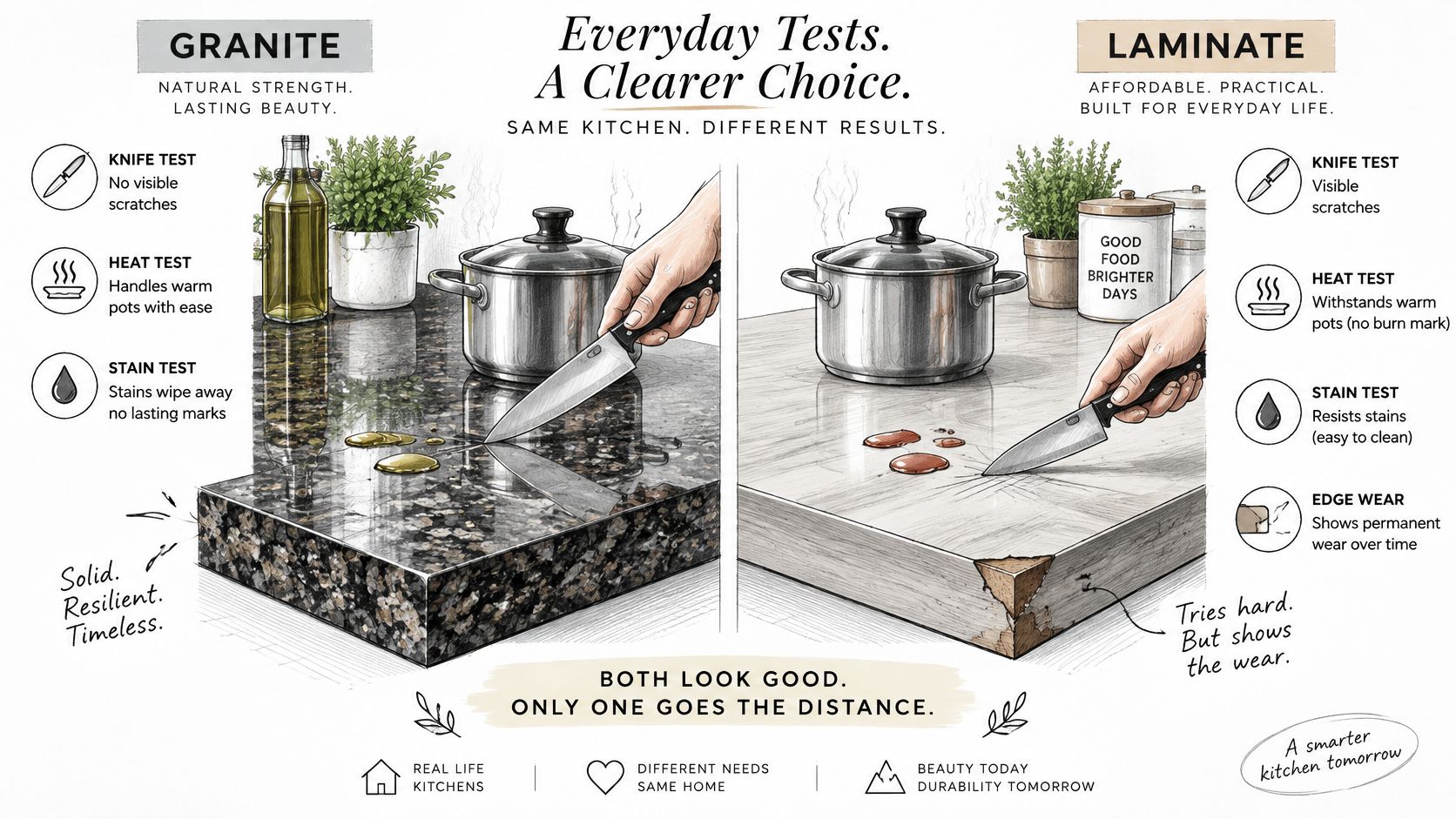 A comparative infographic illustrating the durability differences between granite countertops and laminate surfaces in a kitchen setting.