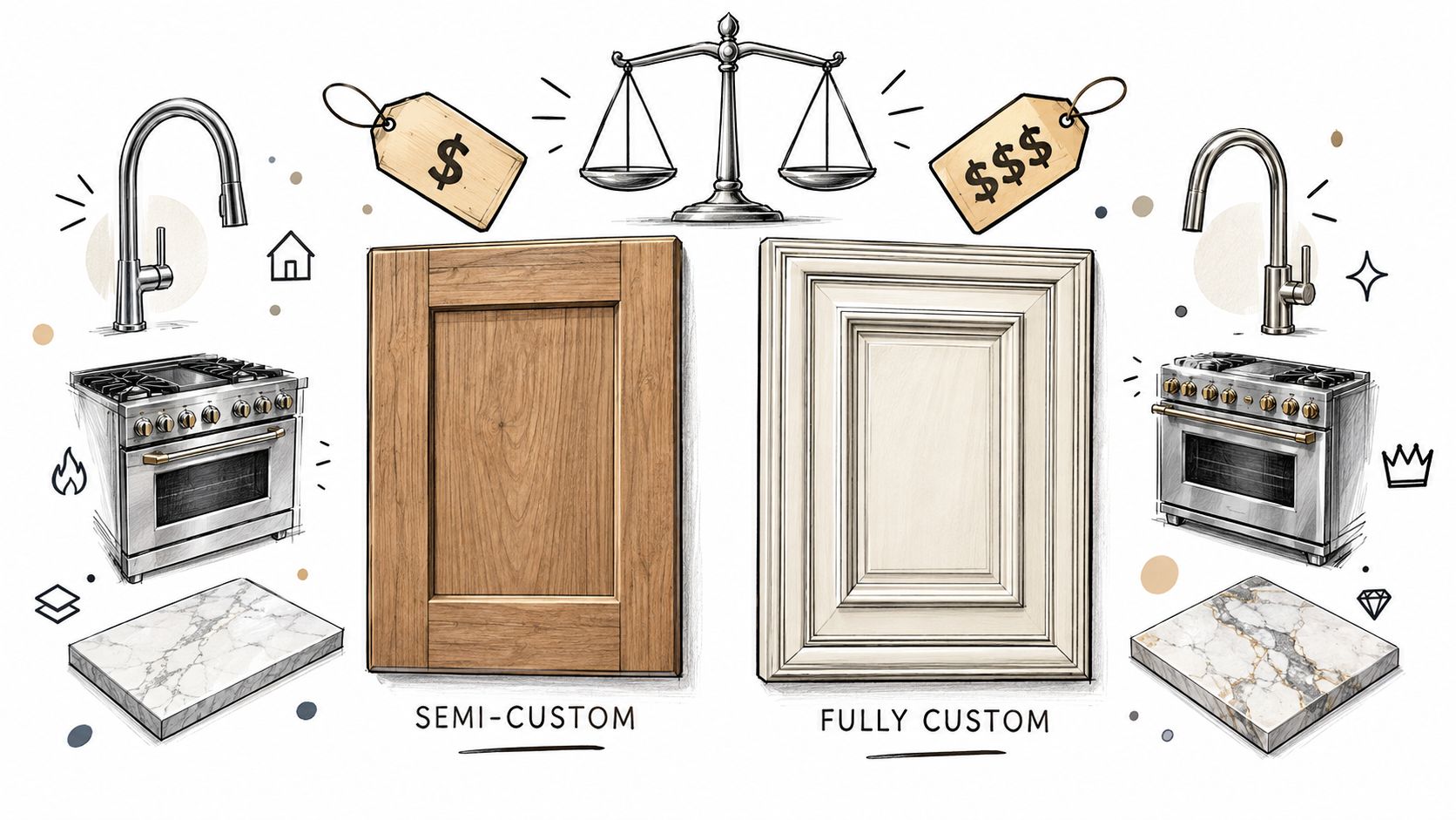 A comparison between semi-custom and fully custom kitchen cabinetry options with appliances and countertop samples.