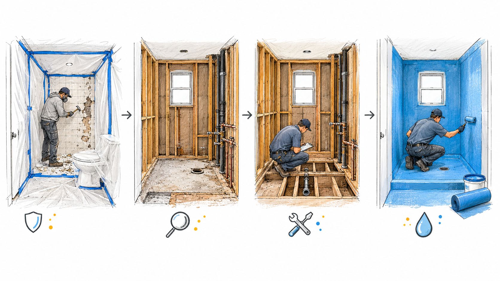 Four-step illustrated guide showing a professional contractor performing bathroom demolition and waterproofing renovation work.