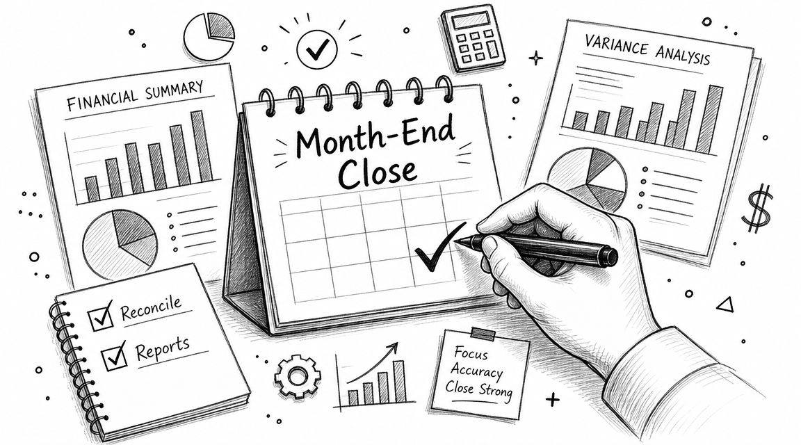 A hand checking off a month-end close calendar surrounded by financial summary charts and analysis notes.