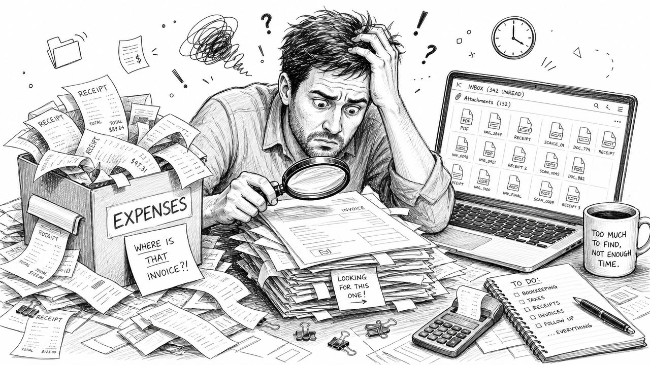 Stressed accountant searching through piles of paper invoices and receipts with a magnifying glass.