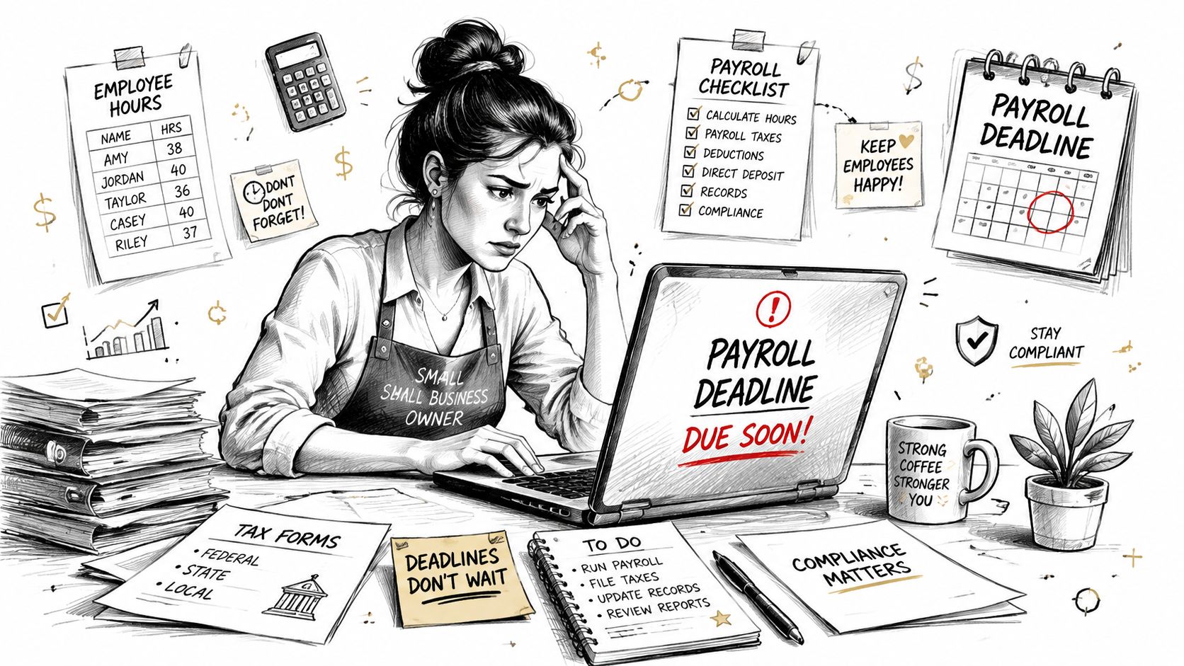 A stressed small business owner working on payroll deadlines at a desk filled with documents and tasks.