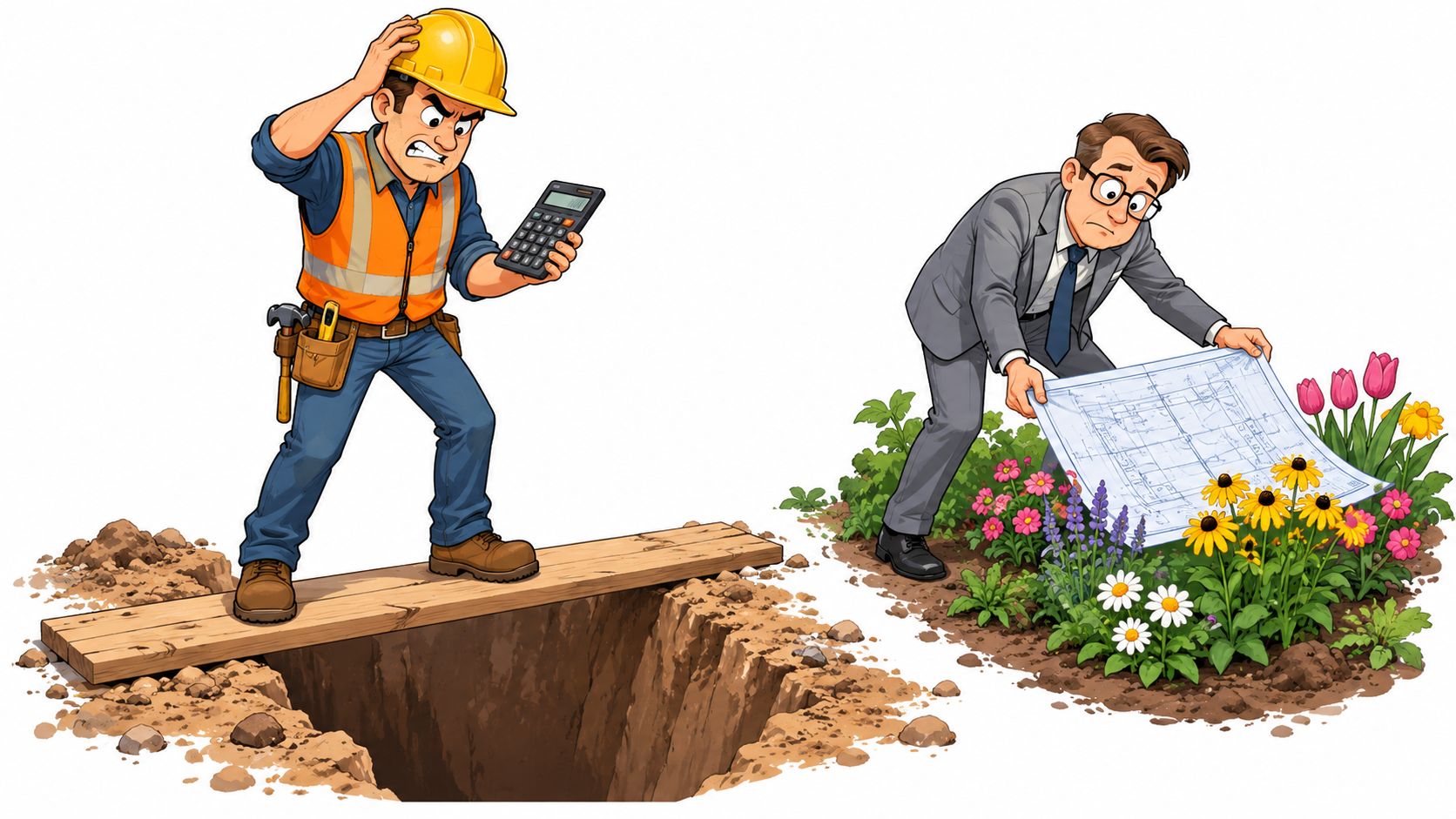A construction worker looking frustrated with a calculator above a pit and an accountant holding blueprints.