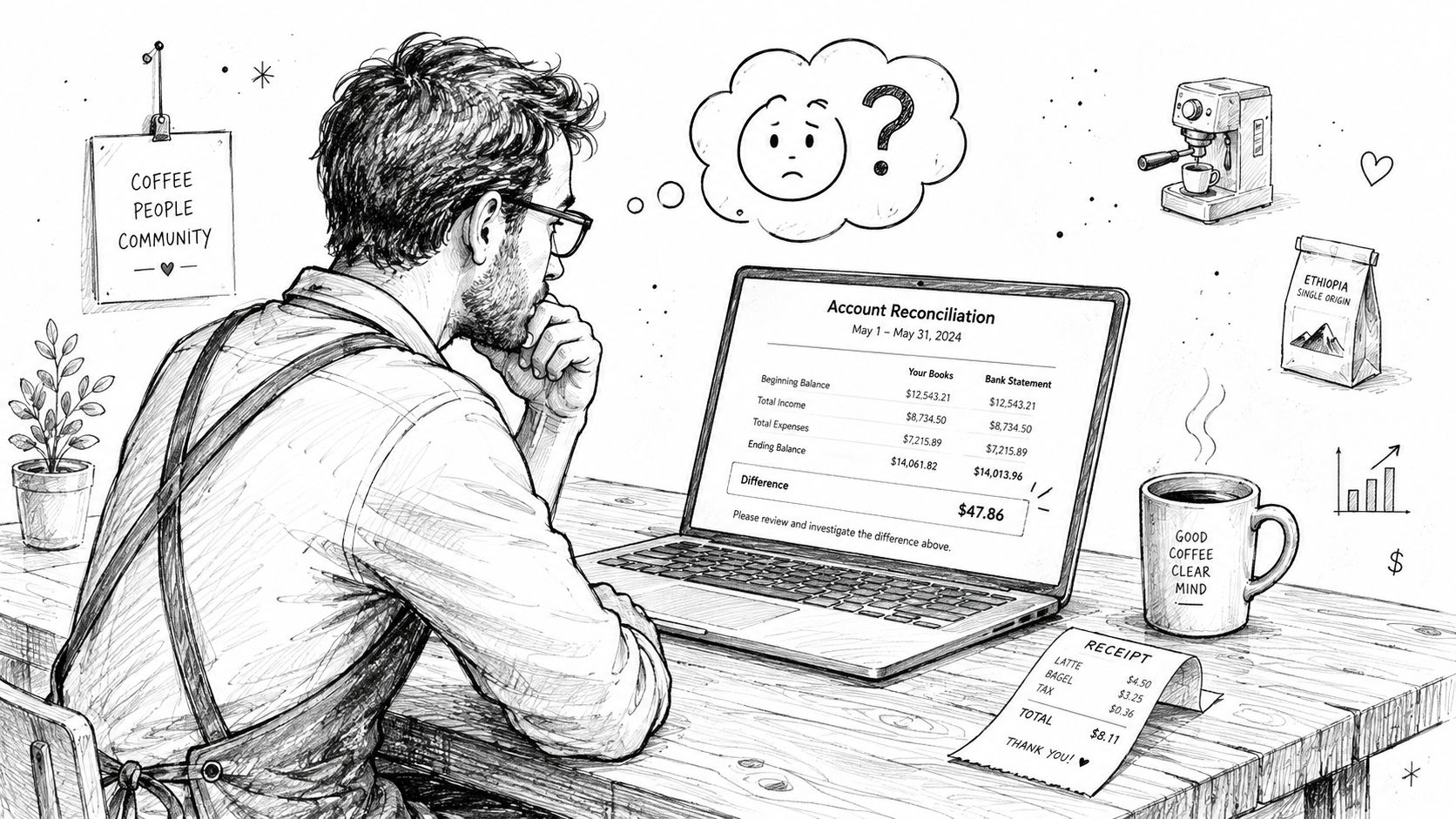 A cafe owner wearing an apron looks worried while reviewing a bank reconciliation report on a laptop.