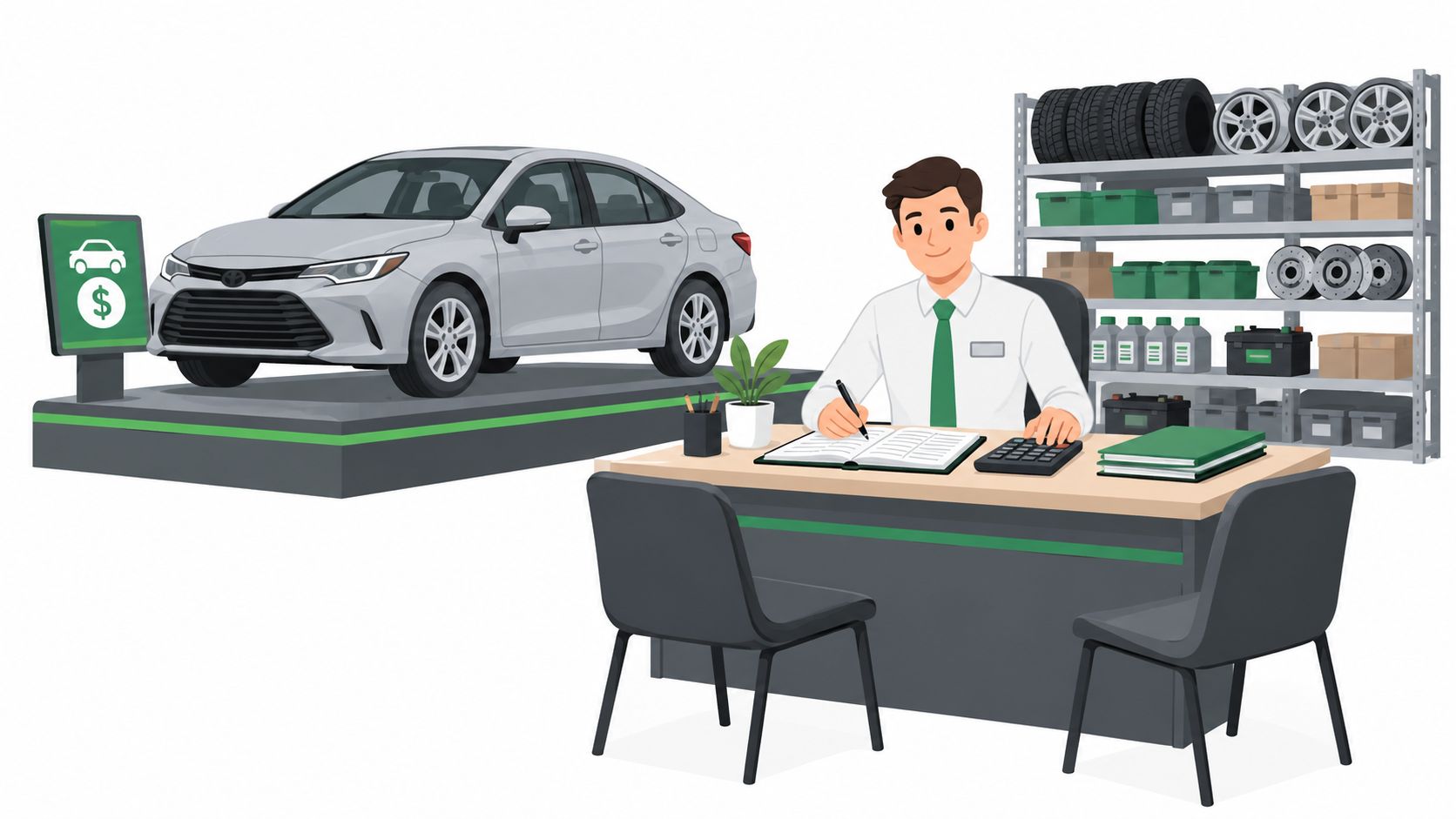A car dealer sitting at a desk in a garage, managing accounting for vehicle service and sales.
