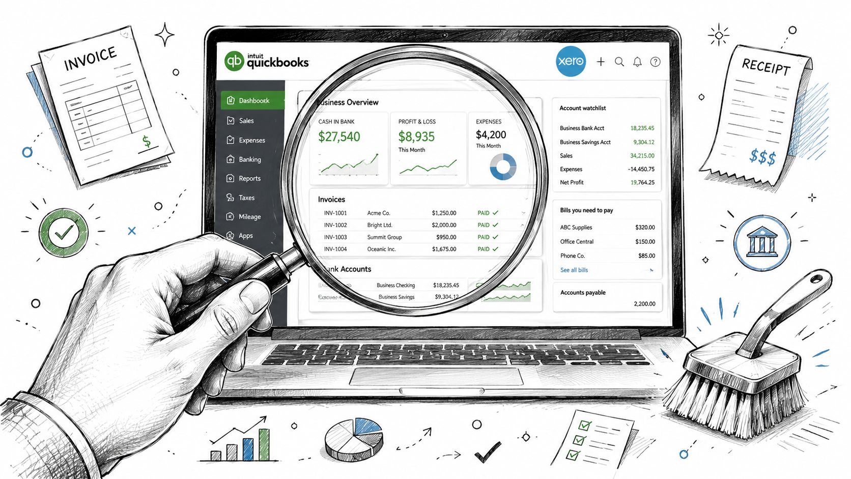 A hand holds a magnifying glass over a laptop screen showing accounting software with financial data dashboards.