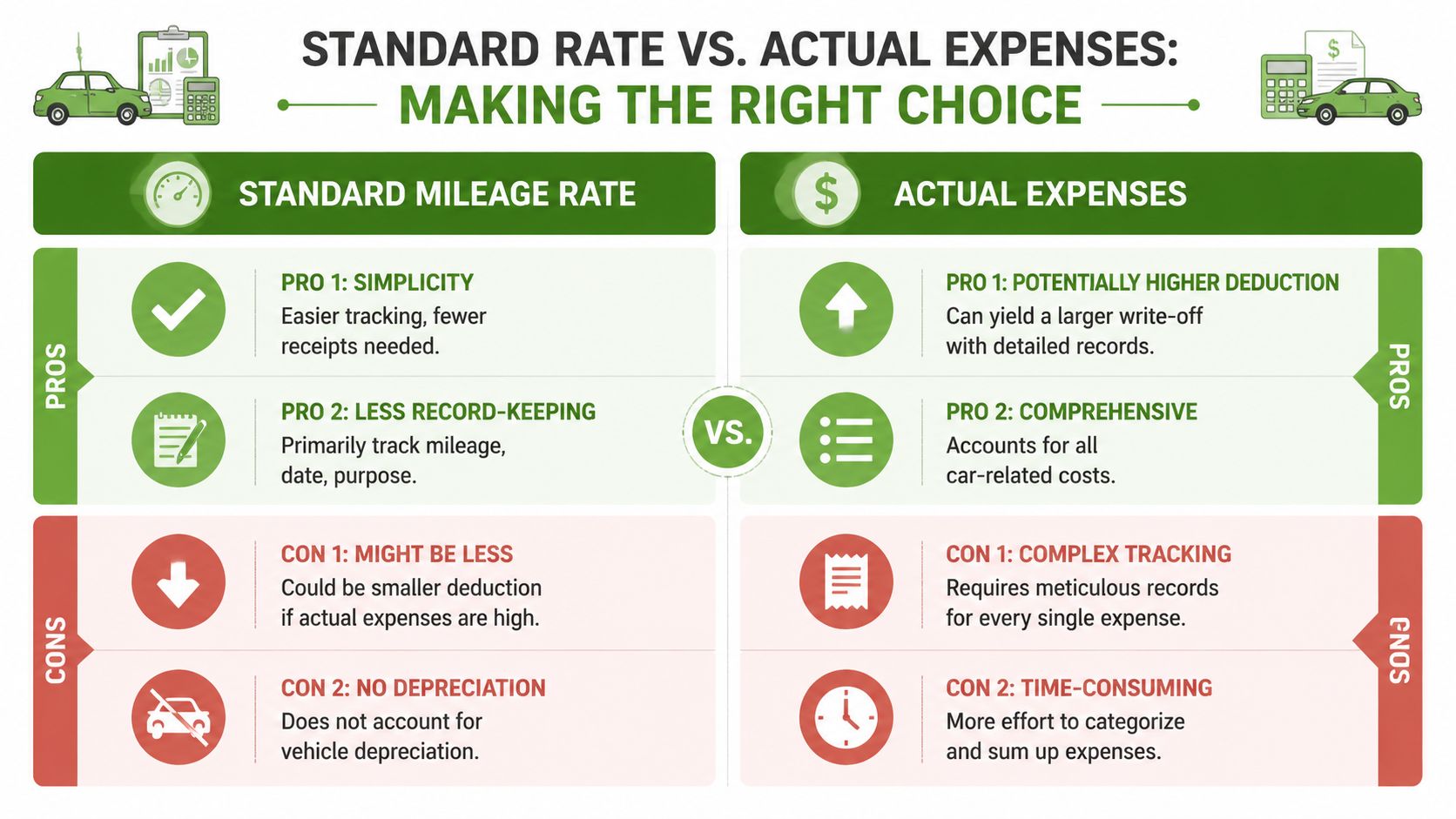 An infographic comparing standard mileage rate versus actual vehicle expense deduction methods for tax purposes.