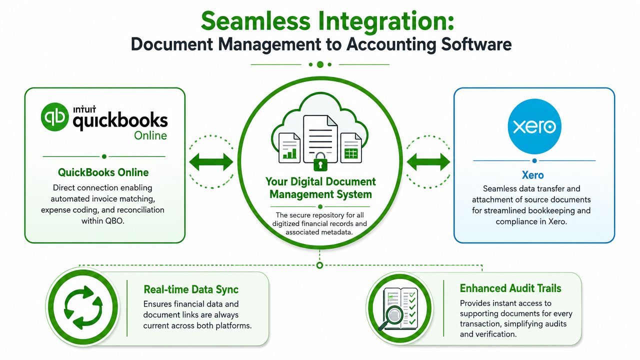 A diagram illustrating seamless document management integration between digital systems, QuickBooks Online, and Xero accounting software.