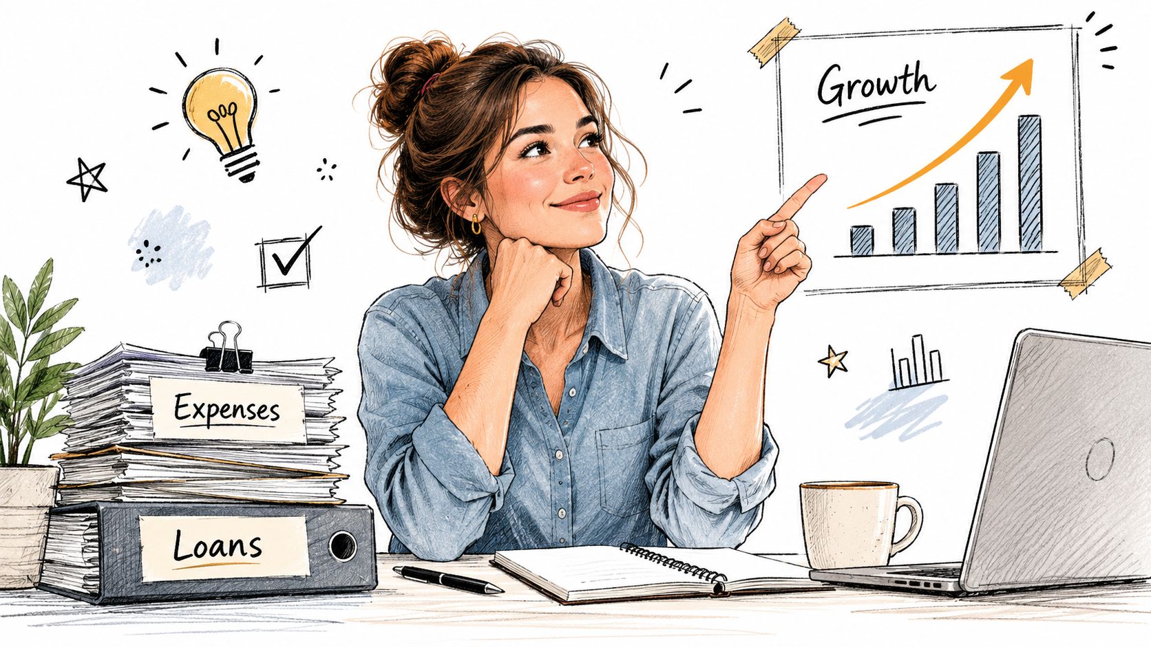 A woman at her desk planning financial growth while managing expenses and loan documentation.