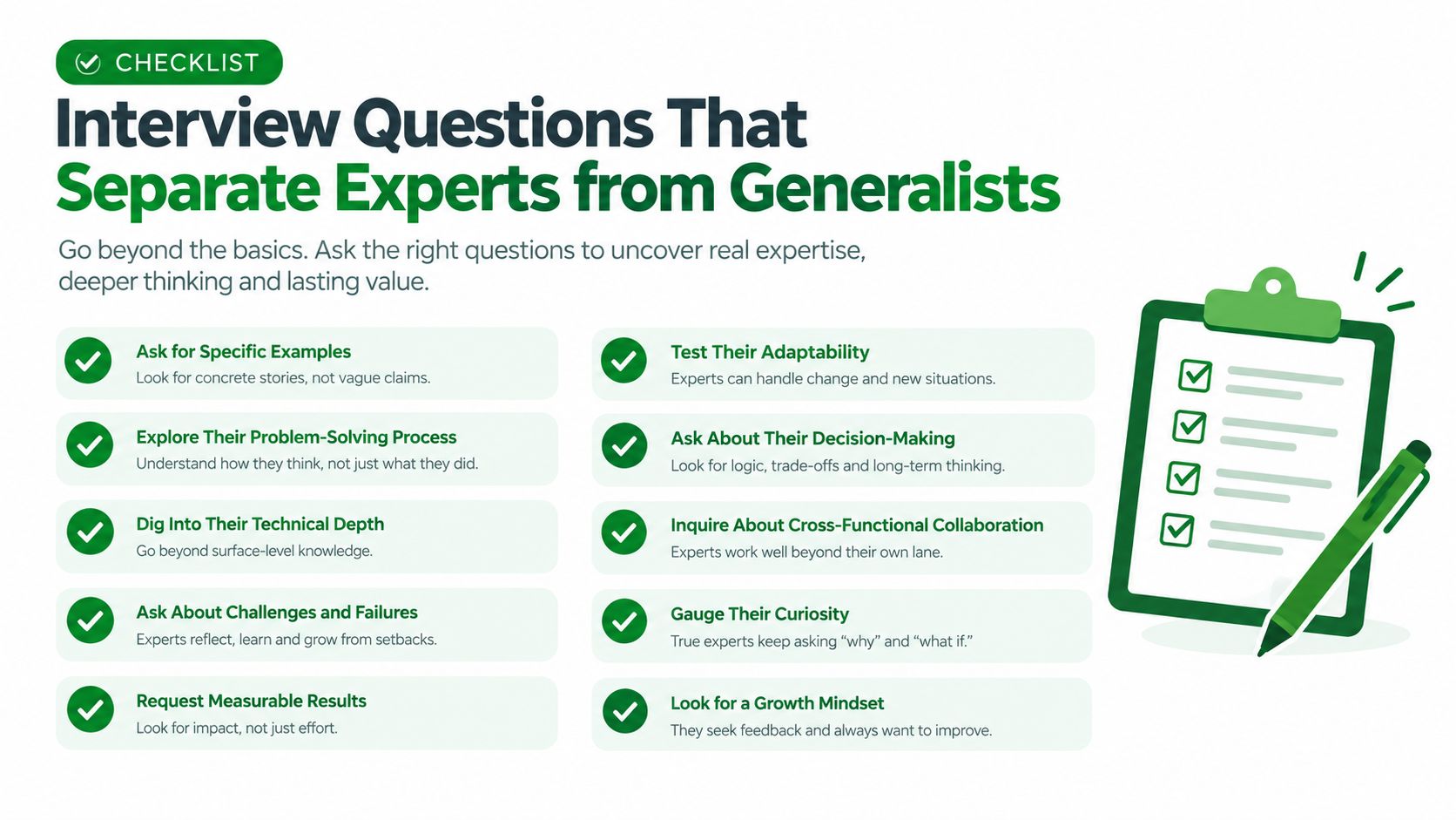 A checklist infographic illustrating effective interview questions designed to distinguish true industry experts from generalist candidates.