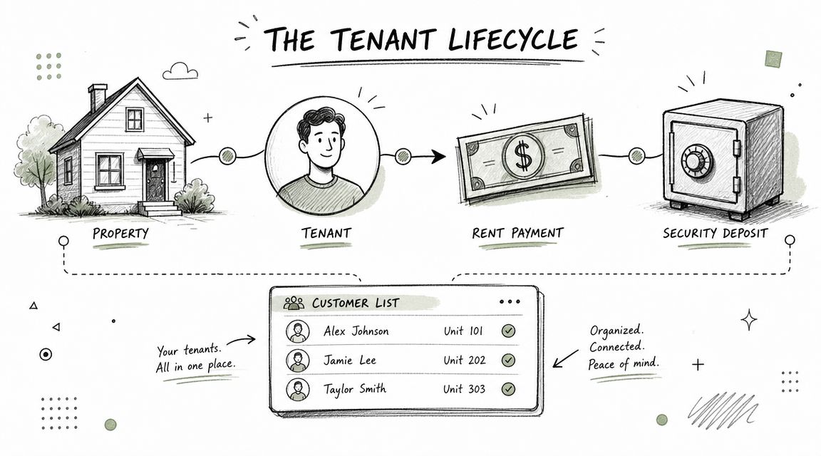 A hand-drawn illustration showing the tenant lifecycle process from property management to rent and security deposit collection.
