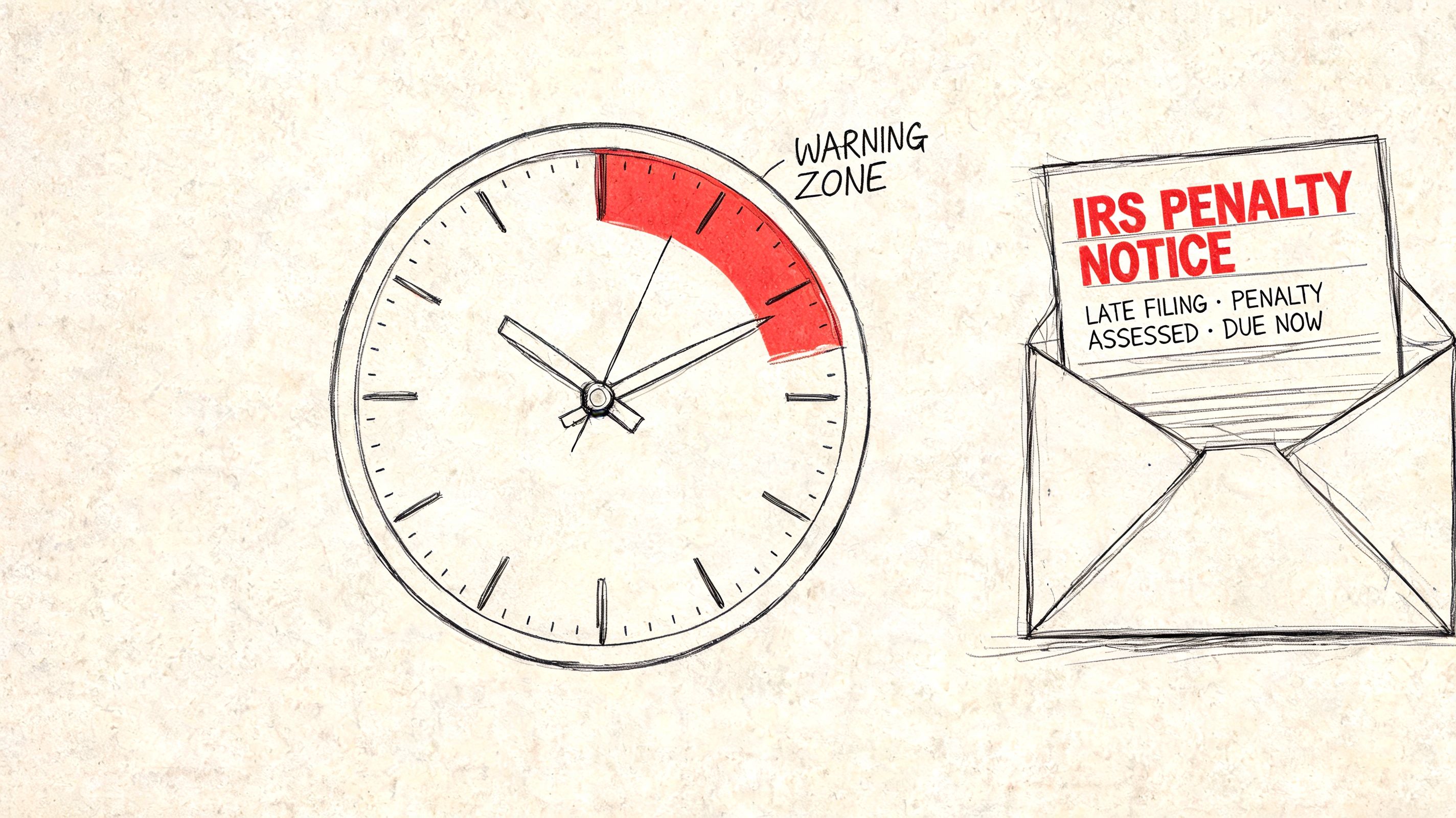 A hand-drawn clock with a red warning zone and an open envelope containing an IRS penalty notice.